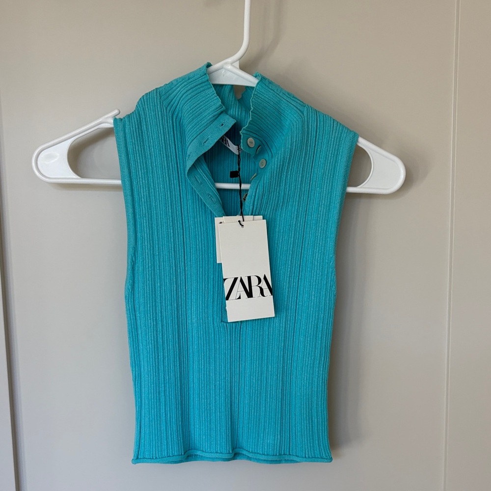 Zara Women's Aqua Ribbed Sleeveless Blouse